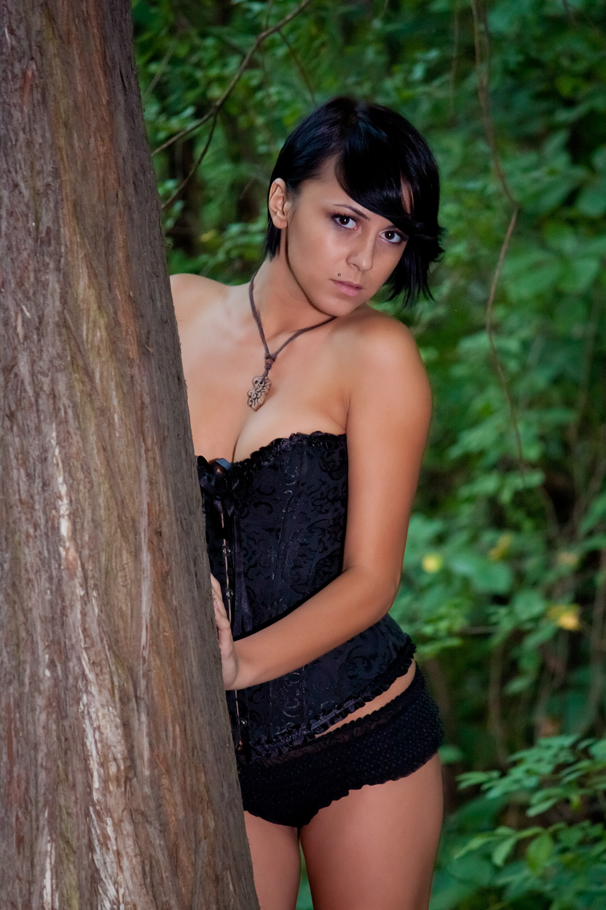 model girl Outdoor black green Nature corset brunette sexy