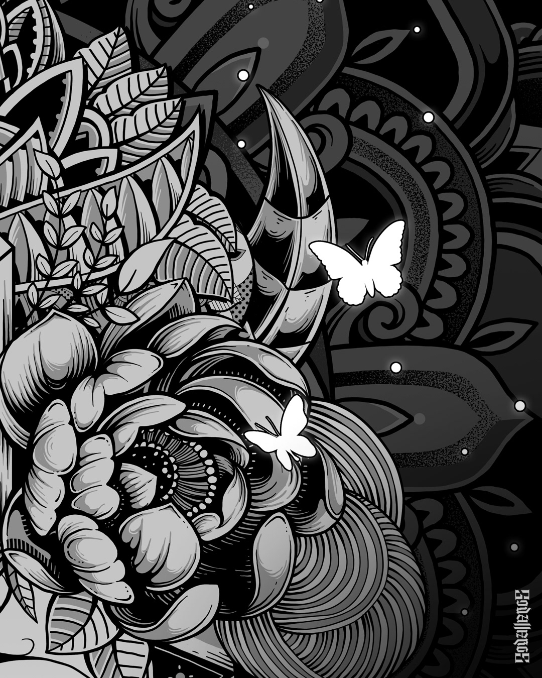 Apparel Design black and white Digital Art  Drawing  goddess ILLUSTRATION  Mandala owl queen witch