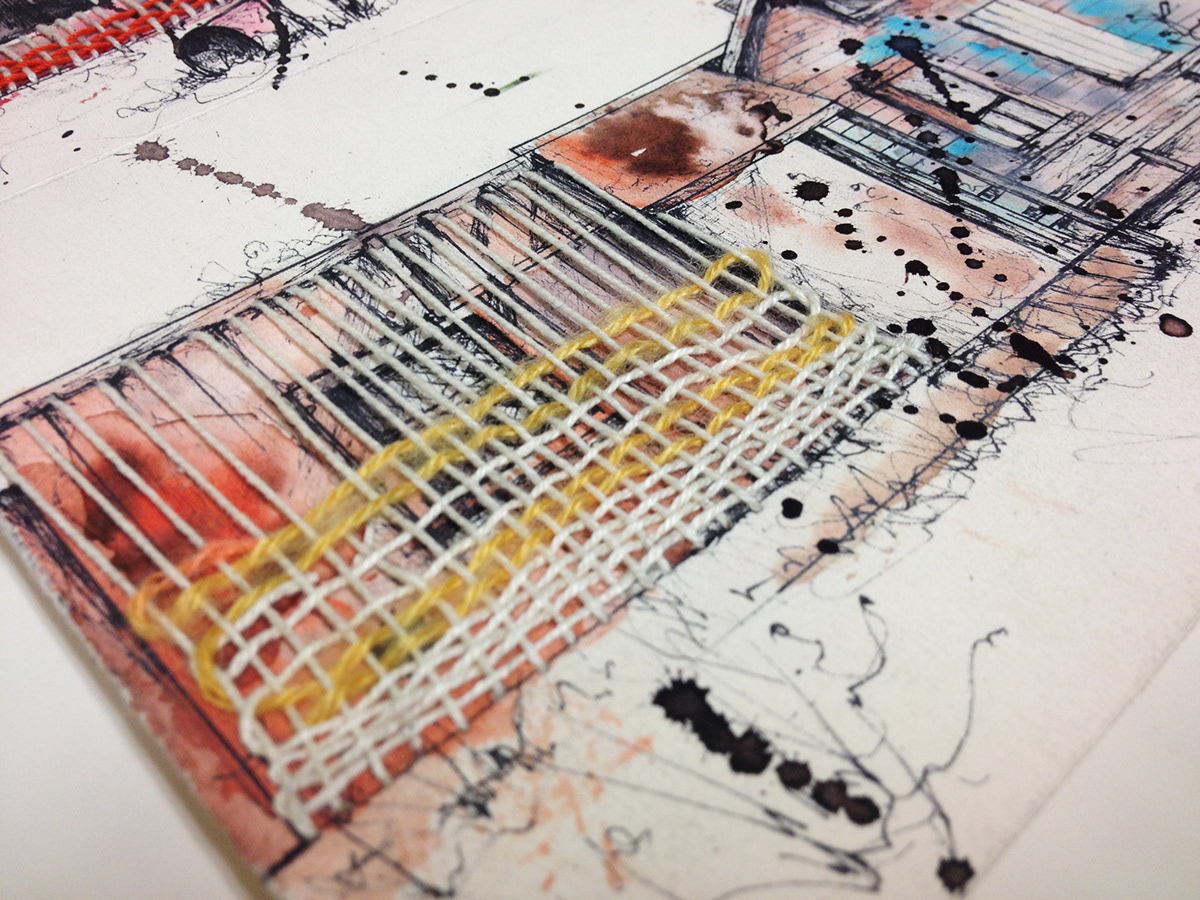 book accordion fold buildigns paint watercolor pen ink art book