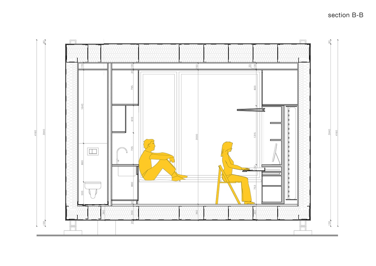 husing Unit minimum modular Schematics axonometry multifunctional Interior poznan poland