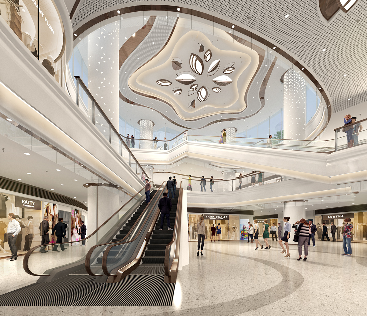 architecture bronze curves design interiordesign 3dmax 3drendering Retaildesign shoppingmall vray