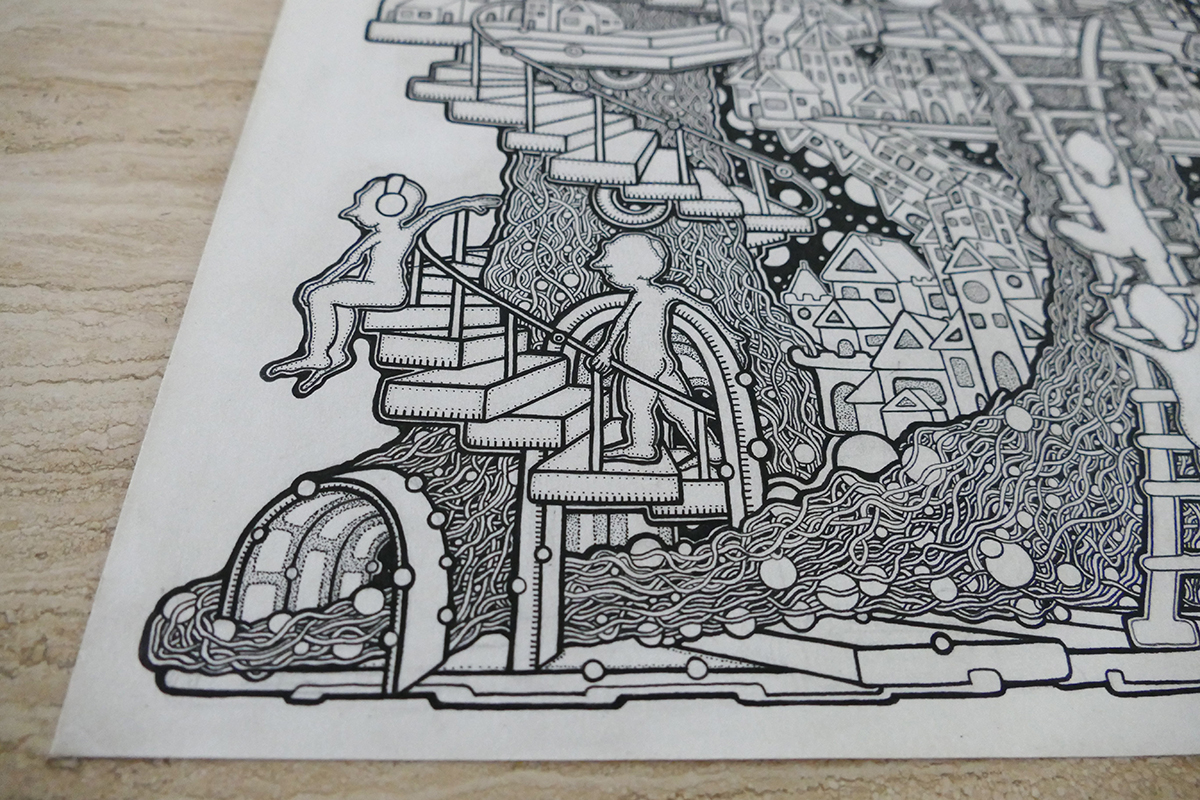 monkie beatbox Niek Dingemans fineliner black and white pen and ink detailed detail surreal Treehouse universe characters micron intricrate planet