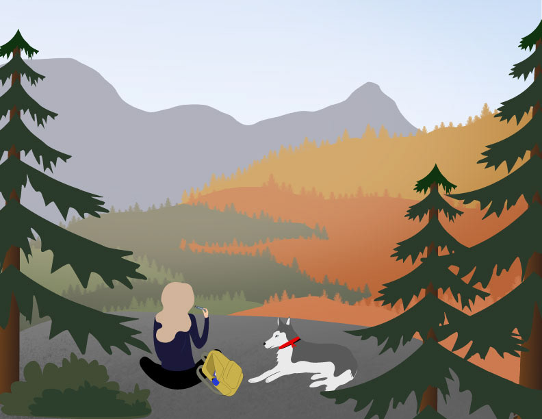 adventures dog exploring hiking husky illustrations landscapes mountains Selfies   trees