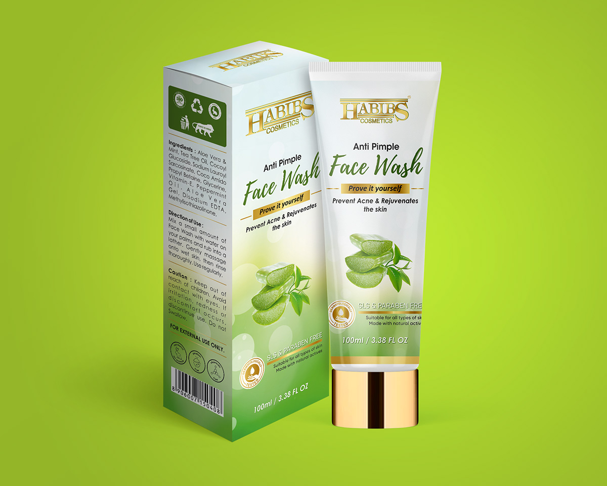 3D brand identity face wash Habibs Packaging packaging design packaging mockup product design  typography   visualization