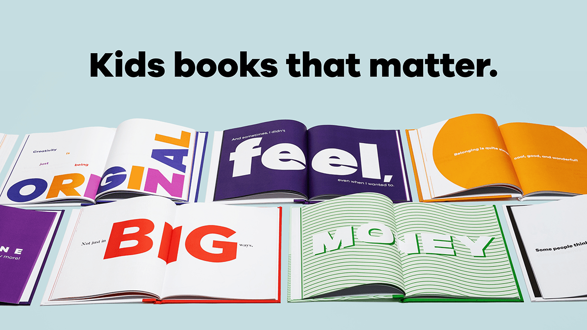 A marketing image showing open A Kids Book About™ books