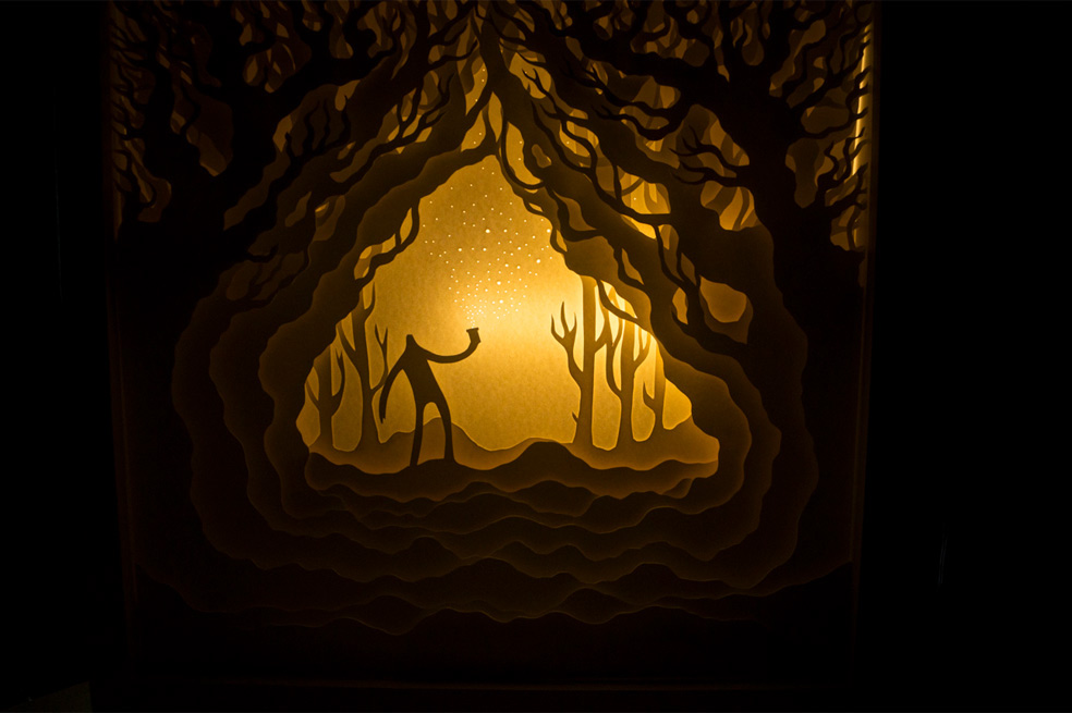 paper cut handcut shadow box light box Paper cut illustration fireflies art artshow denver denver art Mix media 3D depth explorer