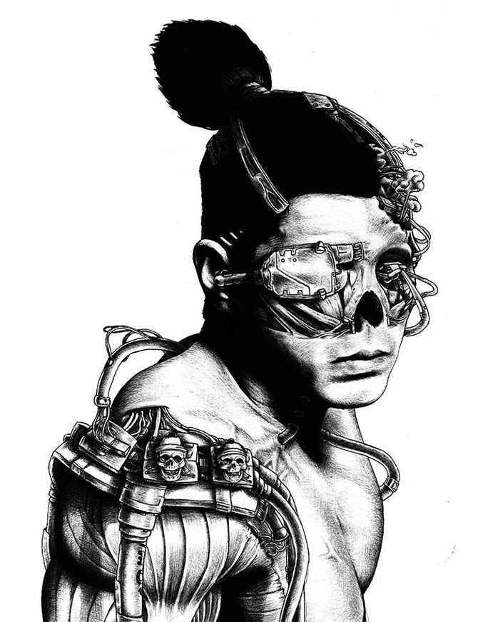 art japan samurai draw pen ink Cyberpunk Cyborg cybernetic