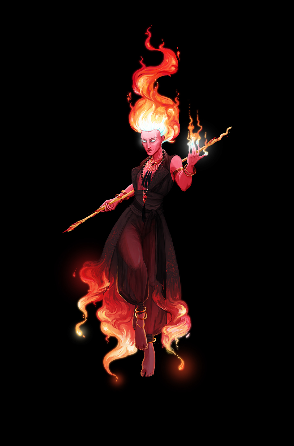 Sage pink fire flame Magic   mage D&D sorcerer staff red orange hair elemental