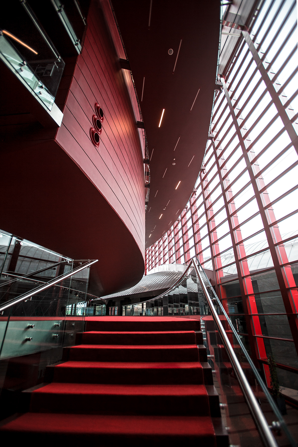 opera building Interior stairs krakow Cracovia red carpet Window red Natural Light design modern Modern Desing  building design arquitectura