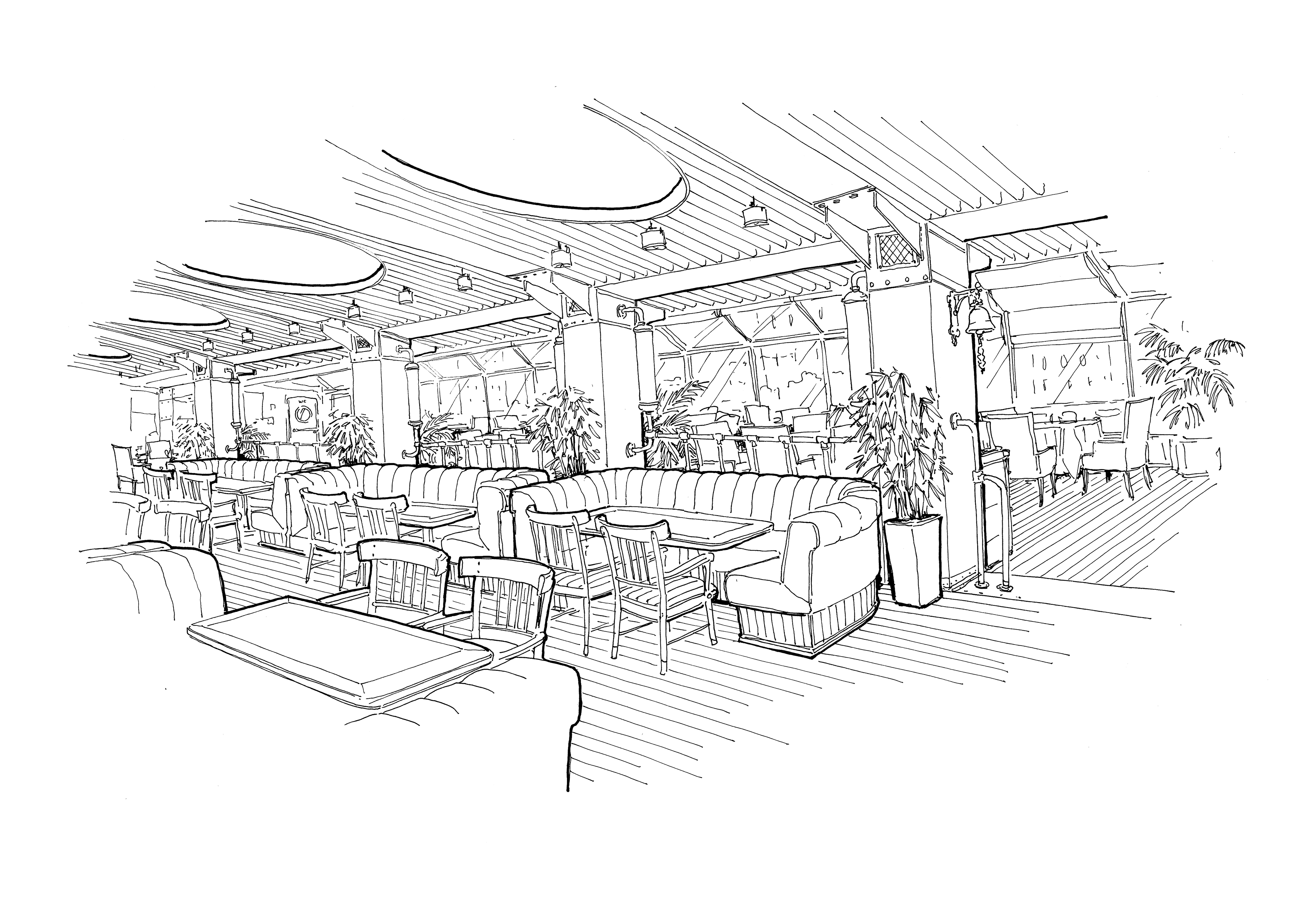 Render Black and White Sketch of the Chinese Restaurant Interior Design.  Stock Illustration - Illustration of architecture, perspective: 110698479