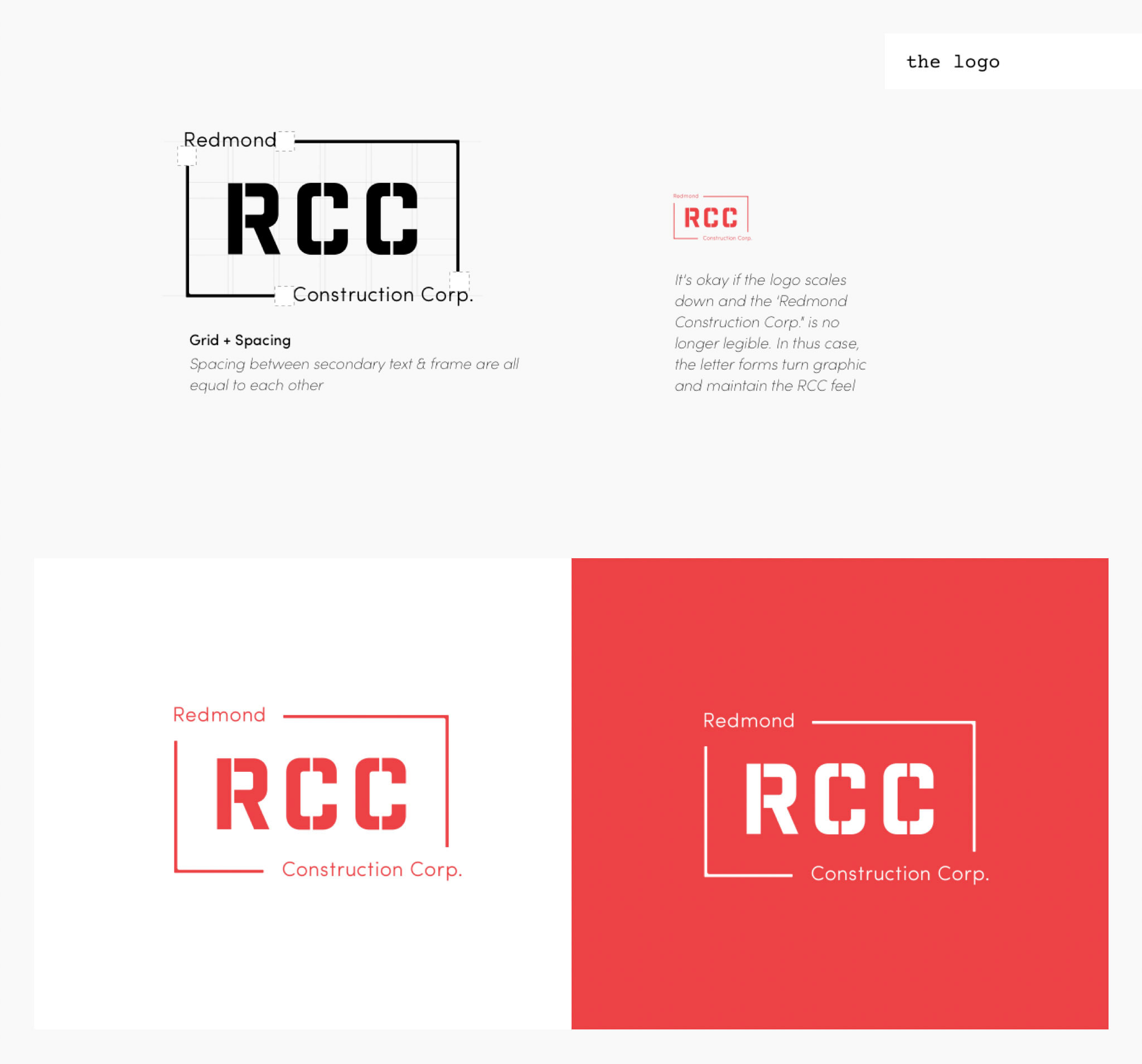 This shows different aspects of the logo. Including colors and grid used to create it. The image also explains that when the logo gets smaller, the text will become illegible, which is fine - because they transform into supporting graphics that maintain the graphical nature of RCC’s brand.