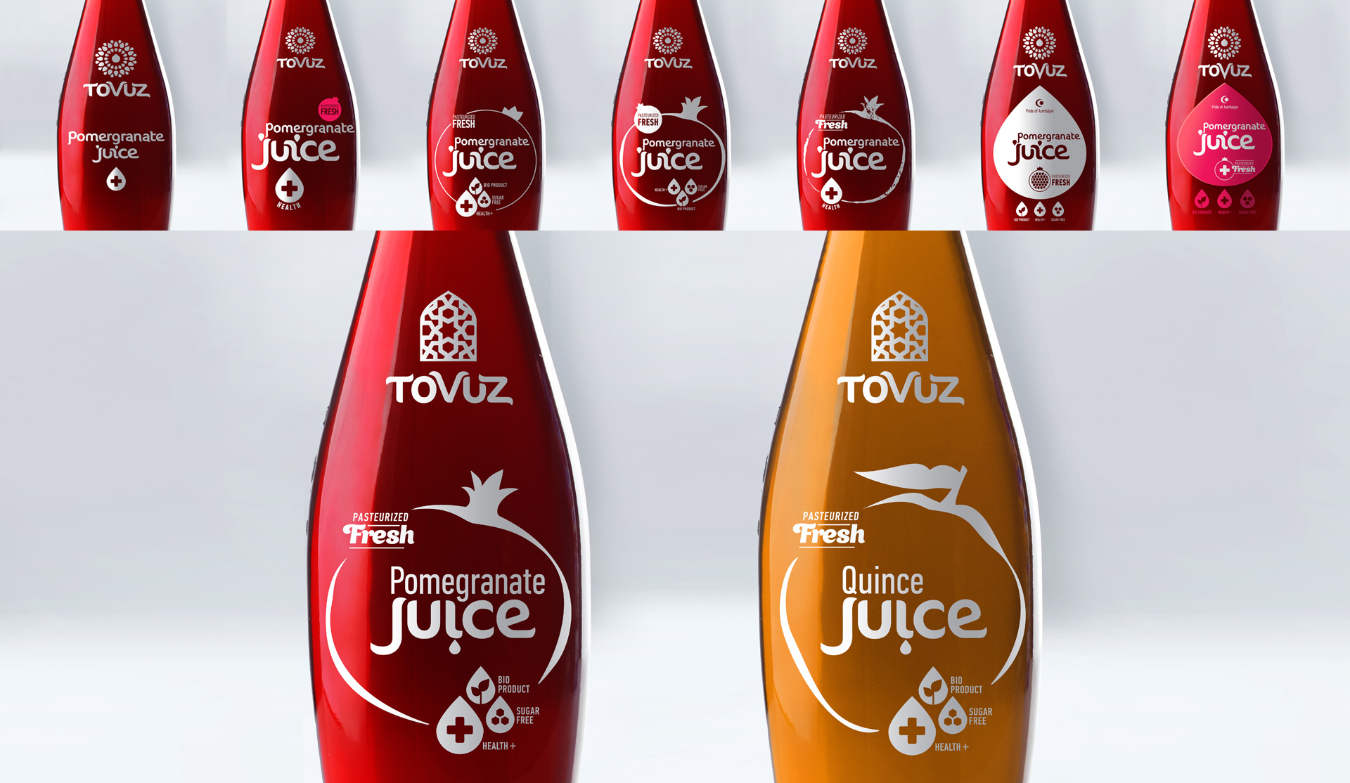 Mockups of a label usage on bottles of juice
