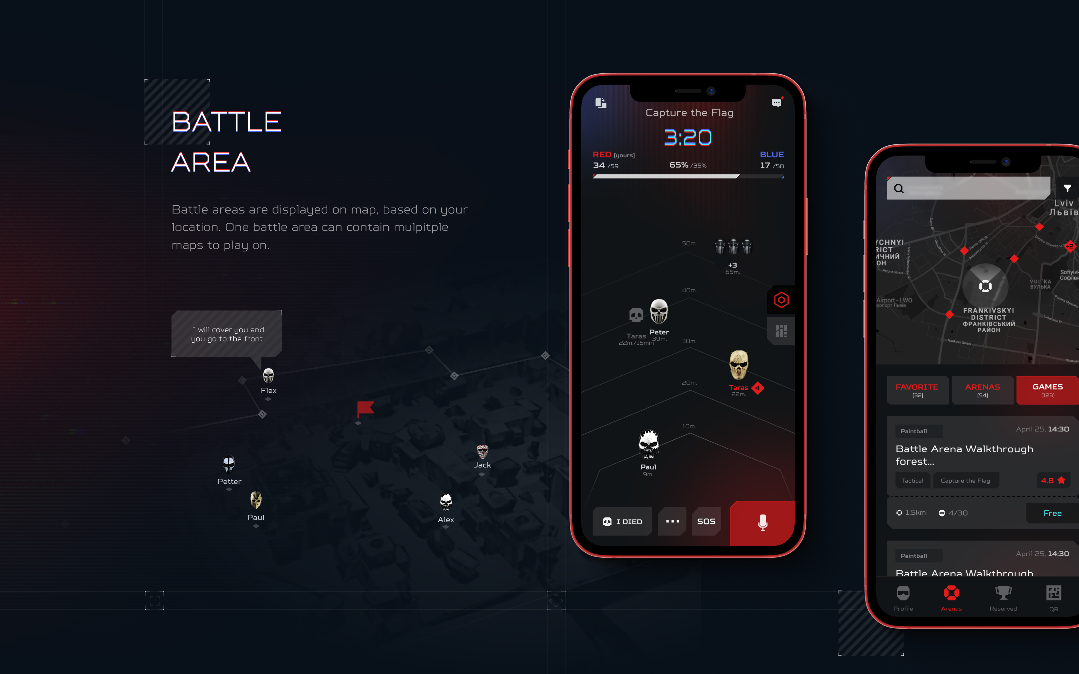 Battle area screens for an immersive shooter