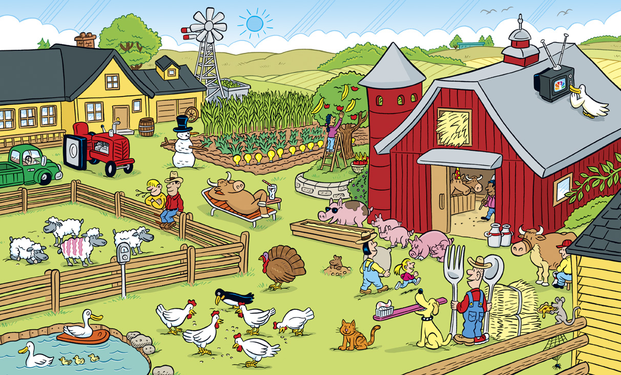How many town. Ферма рисунок. Ферма с животными. Скотный двор иллюстрации. Картинка что напутал художник.