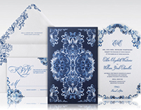 Blue and White Baroque China Wedding Invitation