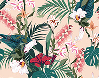 Seamless tropical pattern with palm leaves and flowers.