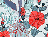 Tropical seamless pattern with blue leaves and hibiscus