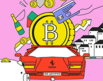 Editorial illustrations about bitcoin and crypto