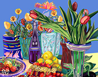 Still life with tulips and tomatoes