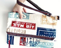 Airmail Zipped Wristlet Pouch Bag Oilcloth Retro Stamp