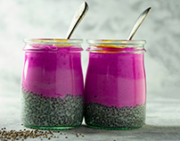 Chia pudding with pink spirulina, product photography