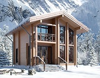 Visualization. Wooden house for ski resort.
