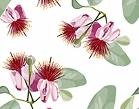 Seamless pattern with feijoa blooming flowers.