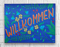 Hand painted floral Willkommen canvas
