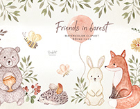 Watercolor clipart with cute forest animals