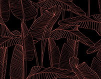 Hand drawn outline black and orange coral banana leaves