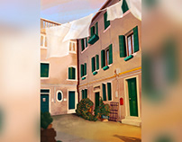 Cinematic illustration of a cute Venice courtyard