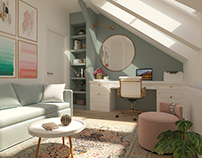 Attic Home Office Interior design and 3d visualization