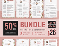 Pink Floral Resume Template Bundle /8 in 1 /Coverletter