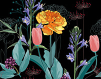 Seamless pattern with garden flowers and herbs.