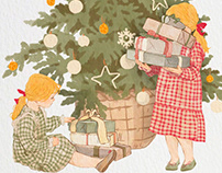 christmas vintage watercolor illustration with kids