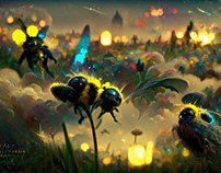 bumblebees in a field of bioluminescent flowers