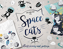 Space cats illustrations & pattern