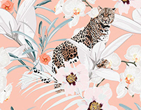 Colorful floral pattern with tiger leopard animal