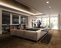3D interior rendering of a business lounge space