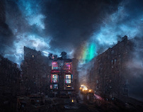 tenement buildings in the clouds