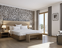 Hotel bedroom in Alps. CGI.