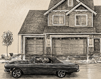 Car & House black and white drawing