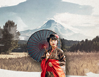 Japanese geisha posing mount fuji watercolor art