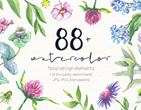 87 watercolor floral set PNG+JPG+AI