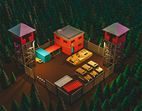 Military base in the forest (low poly 3d)