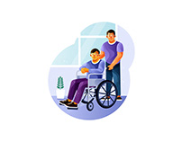 Volunteer is with a young man in a wheelchair