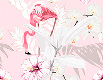 Pink flamingo and exotic flowers, palm leaves.