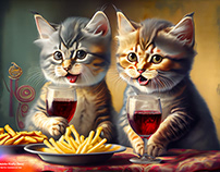 Kittens Eating French Fries and Drinking Wine