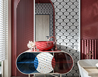 blue and red bathroom