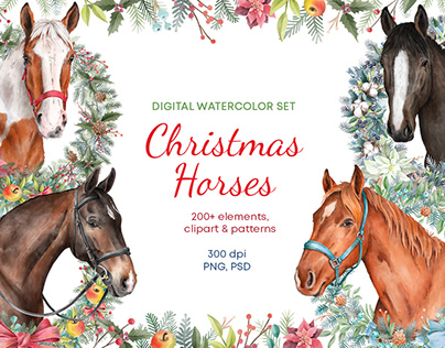 Christmas horses watercolor set